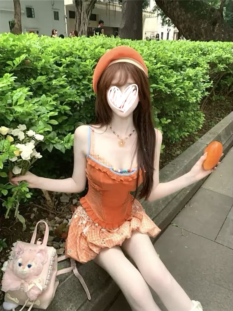 루이 茜 웨이 Sher S 여름 둥근 c 여름 도파민 슬림해 보이는 맨위 디스플레이 높음 미니 스커트 투피스 세트 이미지 3