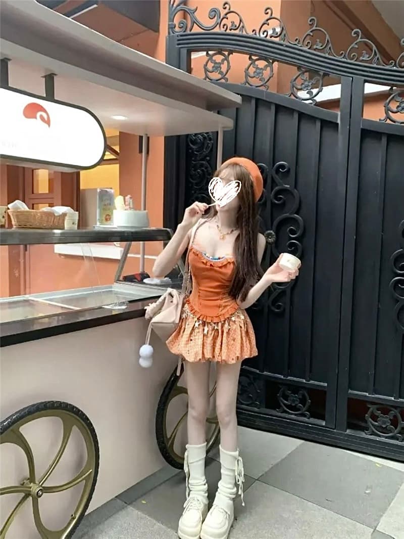 루이 茜 웨이 Sher S 여름 둥근 c 여름 도파민 슬림해 보이는 맨위 디스플레이 높음 미니 스커트 투피스 세트 상세 이미지 2