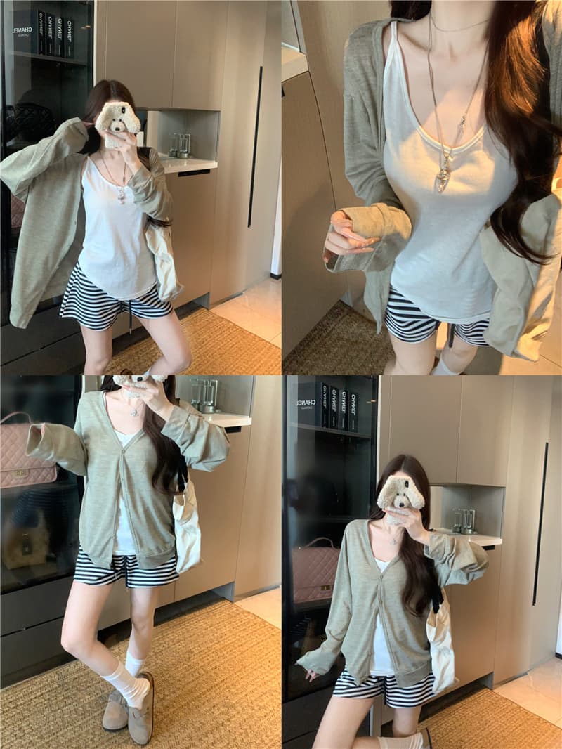실사 정가 자외선 차단 오픈 가디건 여름 외부 가져 가라. 블라우스 긴팔 에어컨 셔츠 캐미솔 스트라이프 반바지 상세 이미지 1