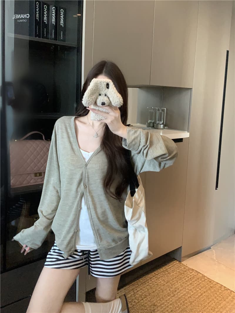 실사 정가 자외선 차단 오픈 가디건 여름 외부 가져 가라. 블라우스 긴팔 에어컨 셔츠 캐미솔 스트라이프 반바지 상세 이미지 2