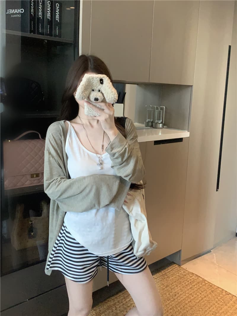 실사 정가 자외선 차단 오픈 가디건 여름 외부 가져 가라. 블라우스 긴팔 에어컨 셔츠 캐미솔 스트라이프 반바지 상세 이미지 3