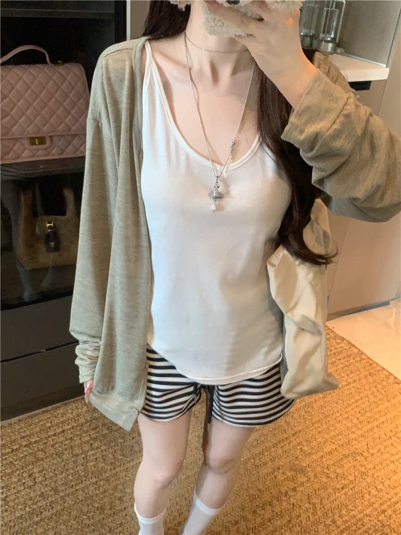 실사 정가 자외선 차단 오픈 가디건 여름 외부 가져 가라. 블라우스 긴팔 에어컨 셔츠 캐미솔 스트라이프 반바지 상세 이미지 8
