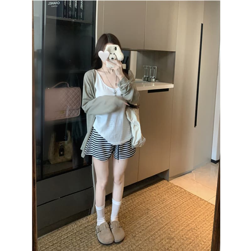 실사 정가 자외선 차단 오픈 가디건 여름 외부 가져 가라. 블라우스 긴팔 에어컨 셔츠 캐미솔 스트라이프 반바지 이미지 5
