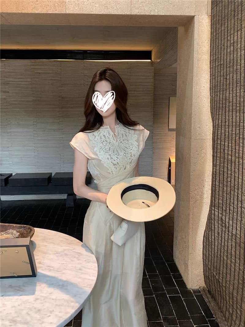 대나무 커튼 서식지 부드러운 디자인 센스 레이스 조각 마이크로 ~을 통해 레이스업 맨위 주간 실크 와이드 레그 팬츠 세트 투피스 세트 상세 이미지 6