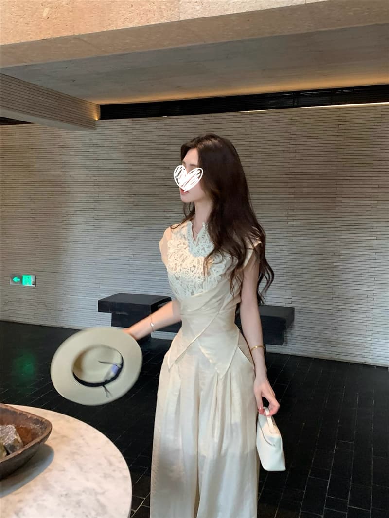 대나무 커튼 서식지 부드러운 디자인 센스 레이스 조각 마이크로 ~을 통해 레이스업 맨위 주간 실크 와이드 레그 팬츠 세트 투피스 세트 상세 이미지 8
