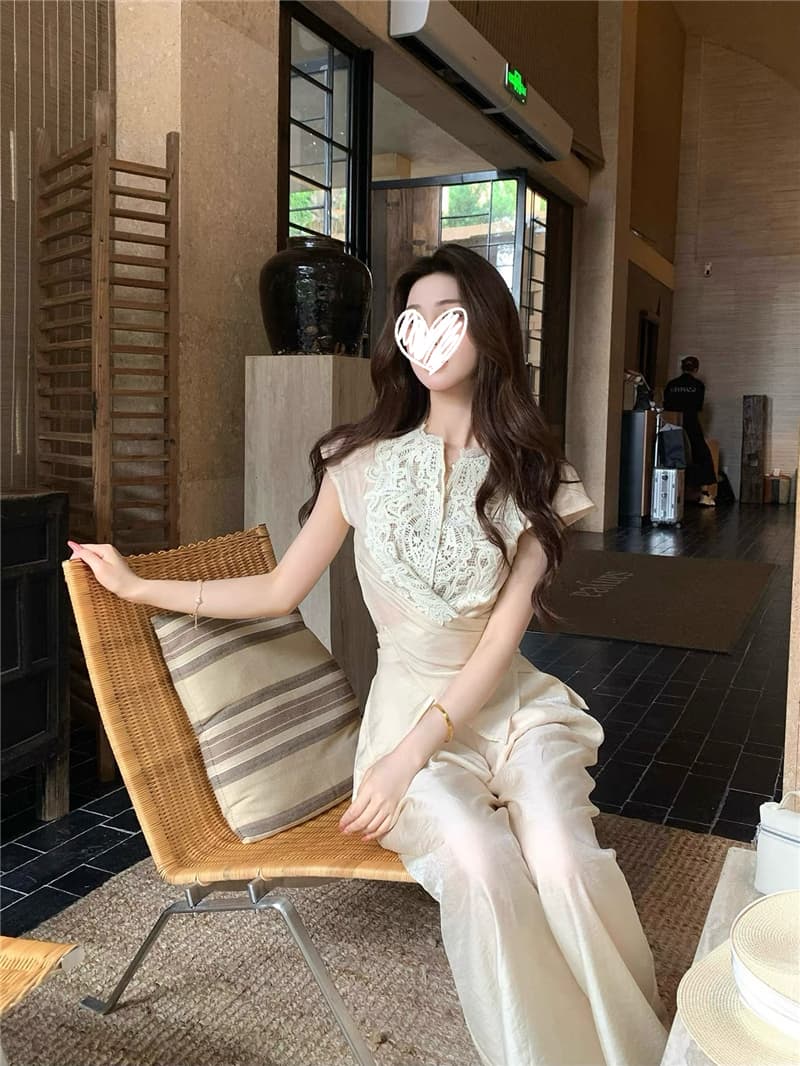 대나무 커튼 서식지 부드러운 디자인 센스 레이스 조각 마이크로 ~을 통해 레이스업 맨위 주간 실크 와이드 레그 팬츠 세트 투피스 세트 상세 이미지 9