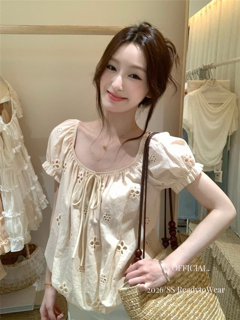 소녀 시대 간판 프랑스식 top 자연 부서 소녀 센스 자수 거품 소매 꽃밭 작은 셔츠 상세 이미지 1
