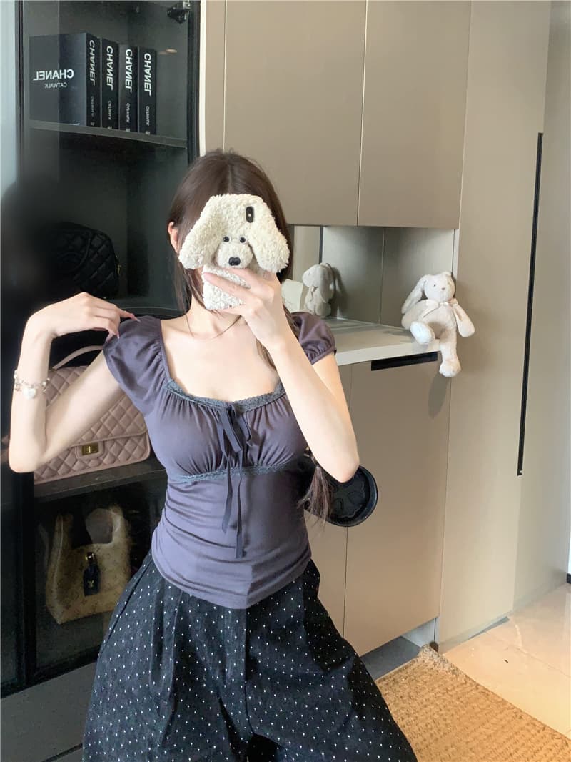 실사 정가 여름 한 부서 티셔츠 부드러운 달콤한 자매 디자인 센스 작은 대중 광장 칼라 레이스업 레이스 레이스 맨위 이미지 3
