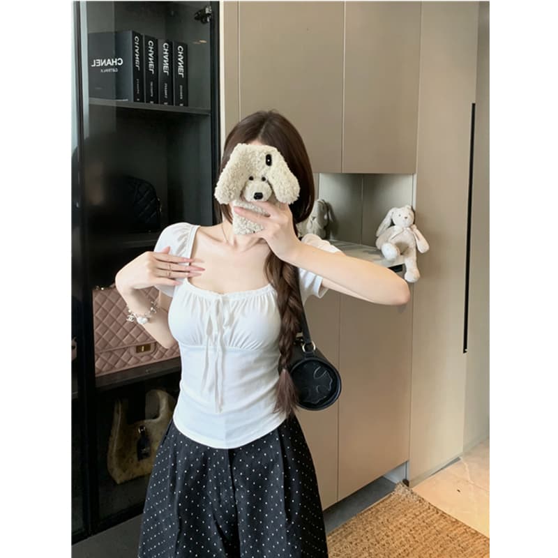 실사 정가 여름 한 부서 티셔츠 부드러운 달콤한 자매 디자인 센스 작은 대중 광장 칼라 레이스업 레이스 레이스 맨위 이미지 5