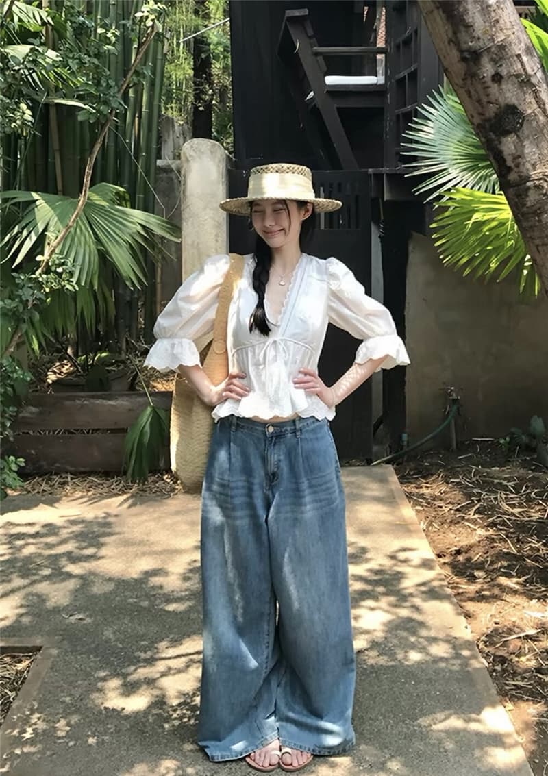 자수 레이스 나팔 소매 허리 수축 스트랩 7부 소매 작은 셔츠 디자인 센스 품격 V 넥 셔츠 상세 이미지 3