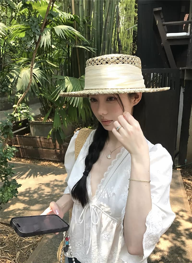 자수 레이스 나팔 소매 허리 수축 스트랩 7부 소매 작은 셔츠 디자인 센스 품격 V 넥 셔츠 상세 이미지 6