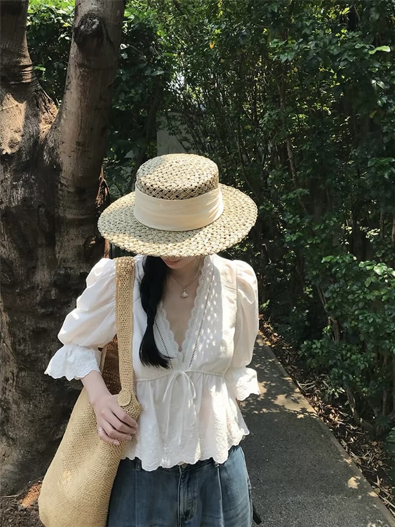 자수 레이스 나팔 소매 허리 수축 스트랩 7부 소매 작은 셔츠 디자인 센스 품격 V 넥 셔츠 상세 이미지 7