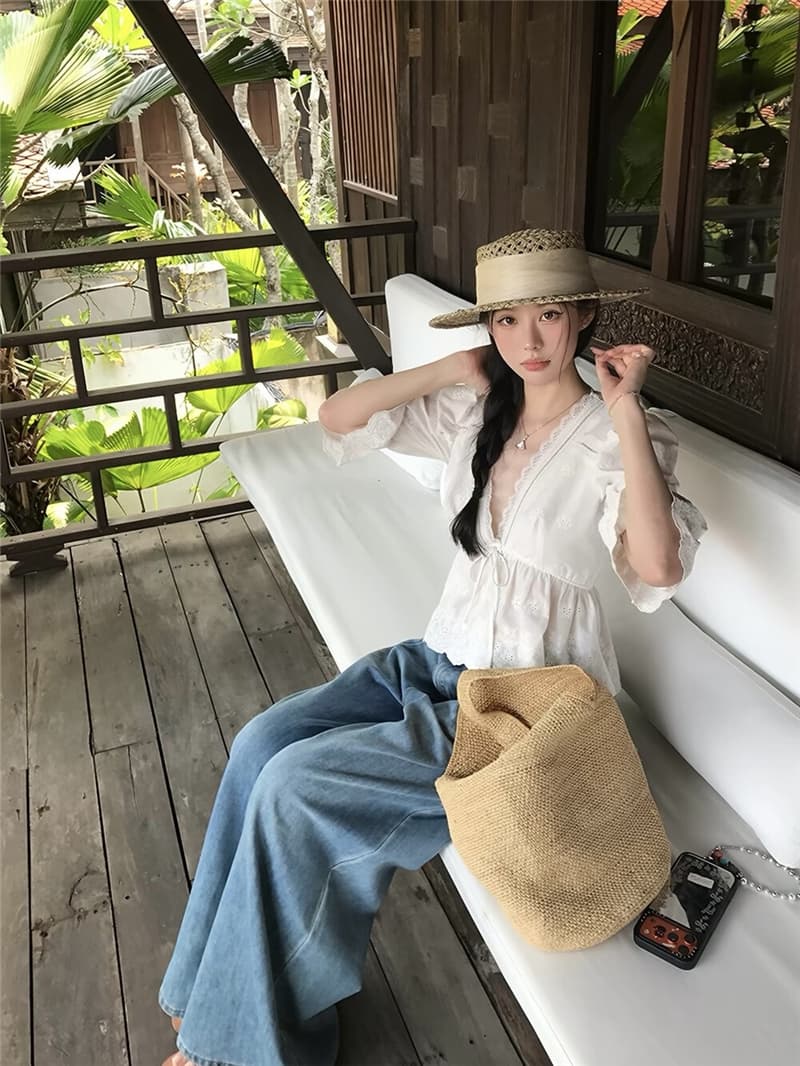 자수 레이스 나팔 소매 허리 수축 스트랩 7부 소매 작은 셔츠 디자인 센스 품격 V 넥 셔츠 상세 이미지 8