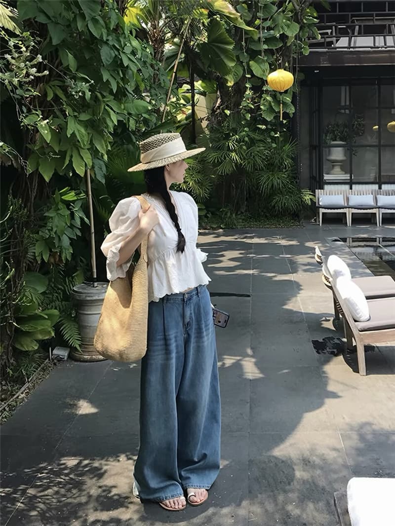 자수 레이스 나팔 소매 허리 수축 스트랩 7부 소매 작은 셔츠 디자인 센스 품격 V 넥 셔츠 상세 이미지 9