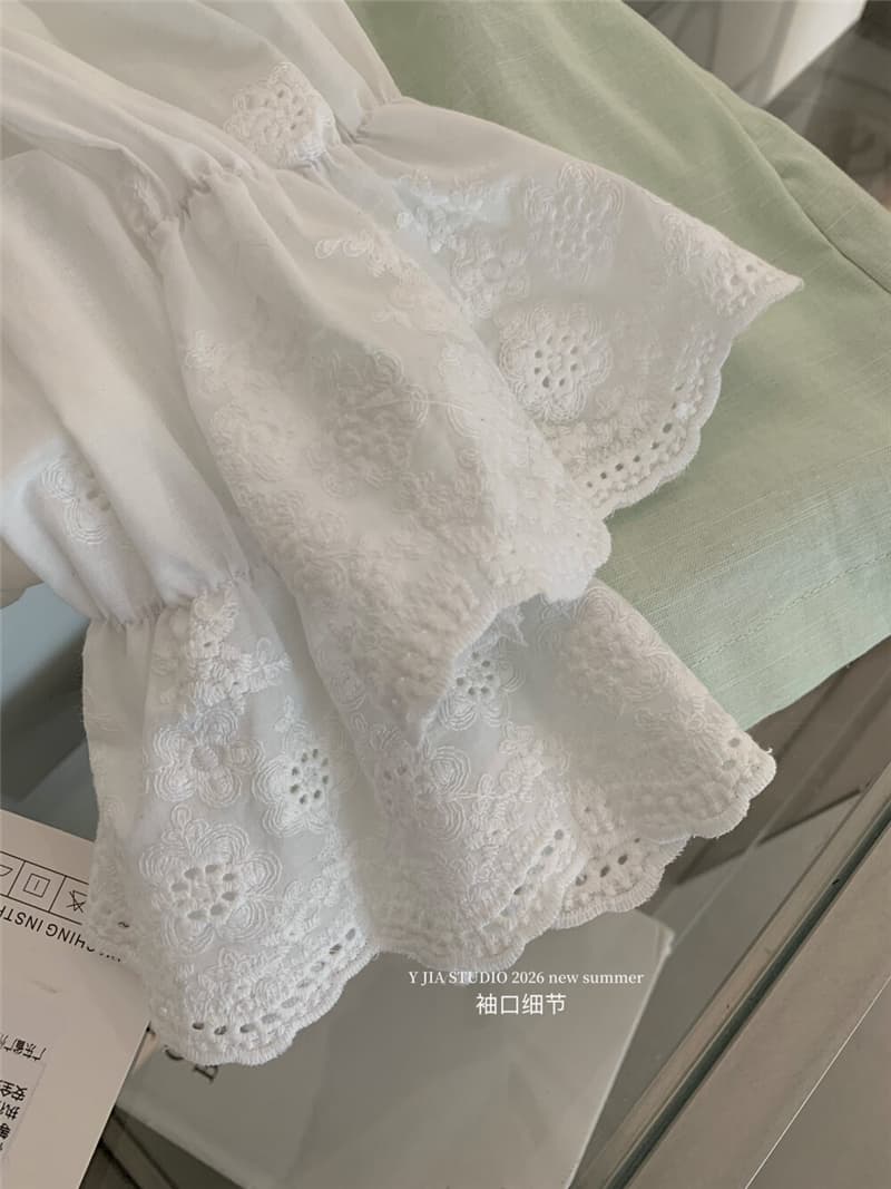 자수 레이스 나팔 소매 허리 수축 스트랩 7부 소매 작은 셔츠 디자인 센스 품격 V 넥 셔츠 상세 이미지 20