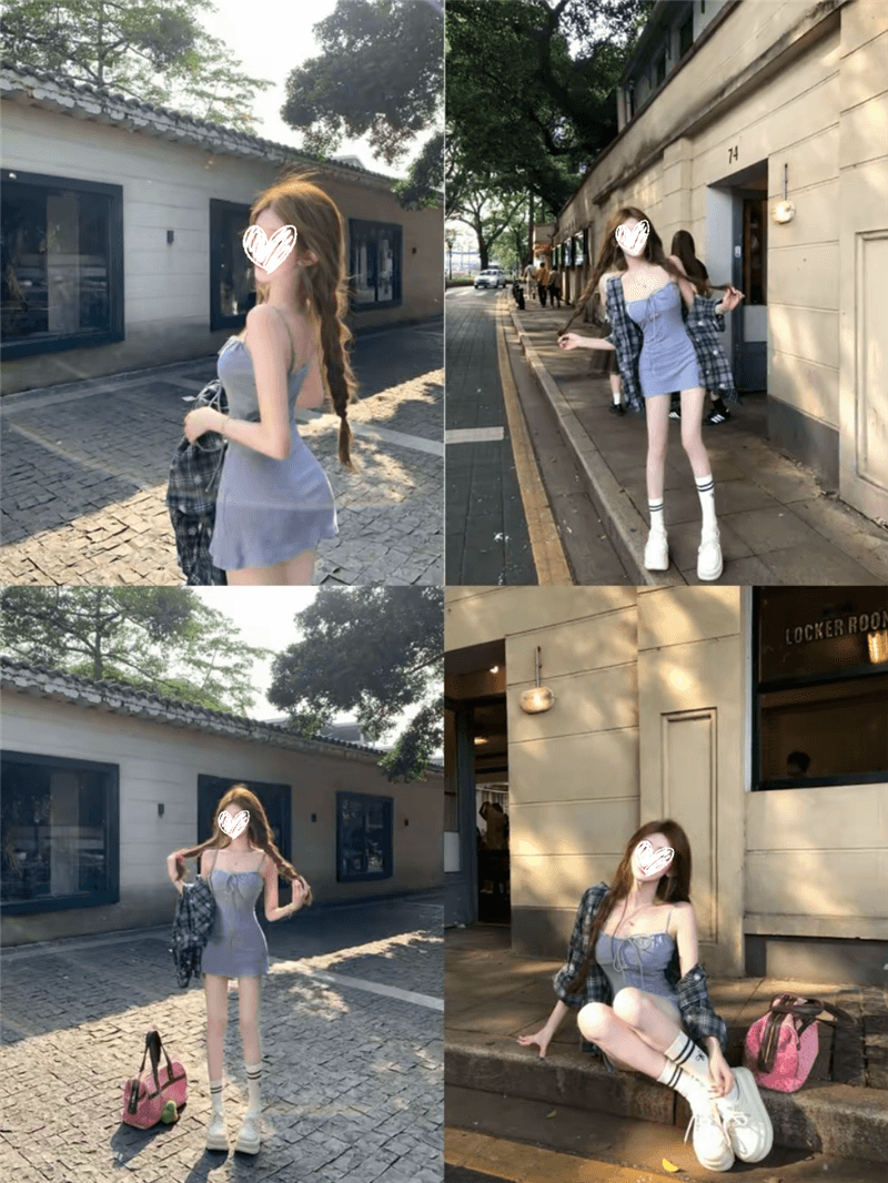 루이 茜 웨이 Sher S 느긋한 휴일 가을 ins 바람 느긋한 슬립 드레스 격자 무늬 셔츠 투피스 세트 이미지 2