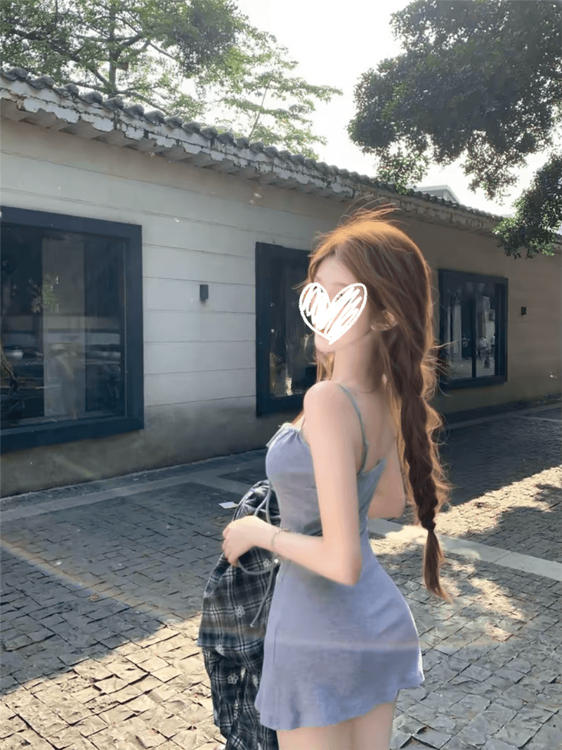 루이 茜 웨이 Sher S 느긋한 휴일 가을 ins 바람 느긋한 슬립 드레스 격자 무늬 셔츠 투피스 세트 이미지 3