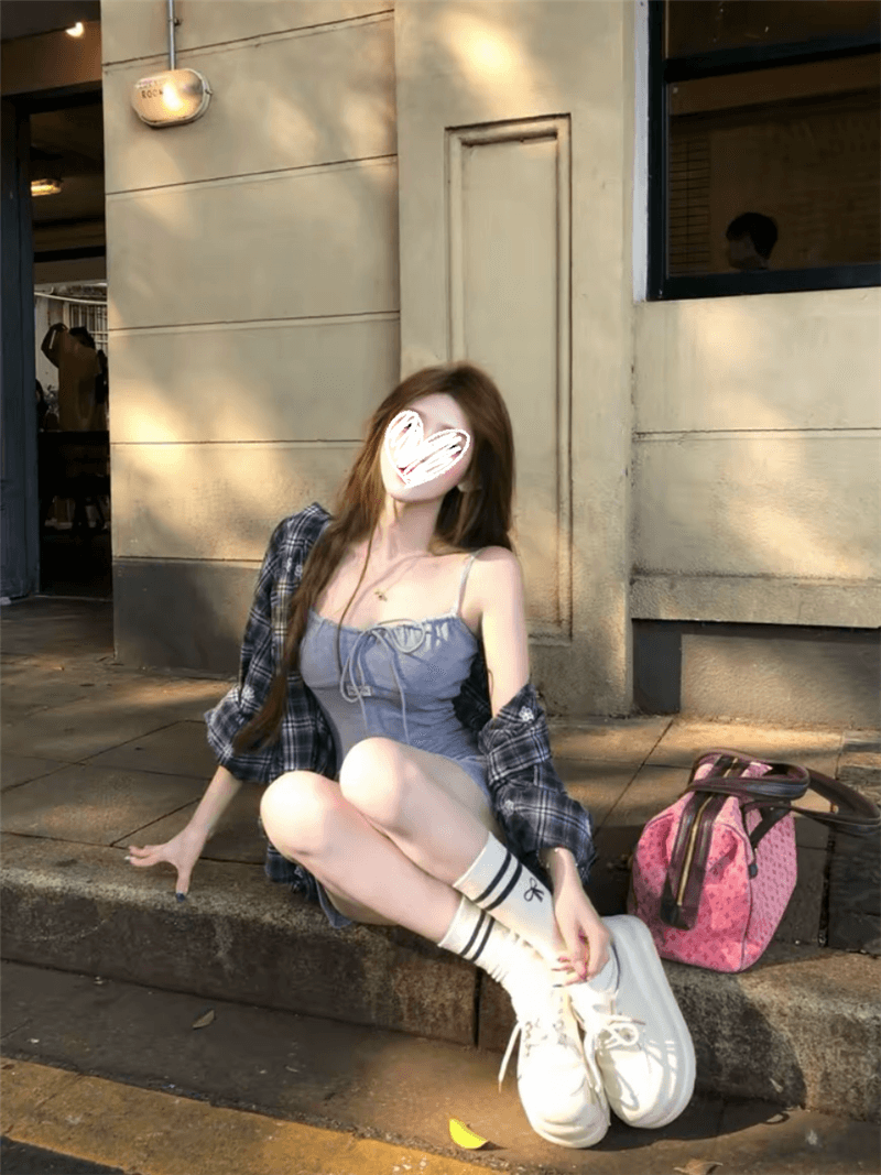 루이 茜 웨이 Sher S 느긋한 휴일 가을 ins 바람 느긋한 슬립 드레스 격자 무늬 셔츠 투피스 세트 상세 이미지 4