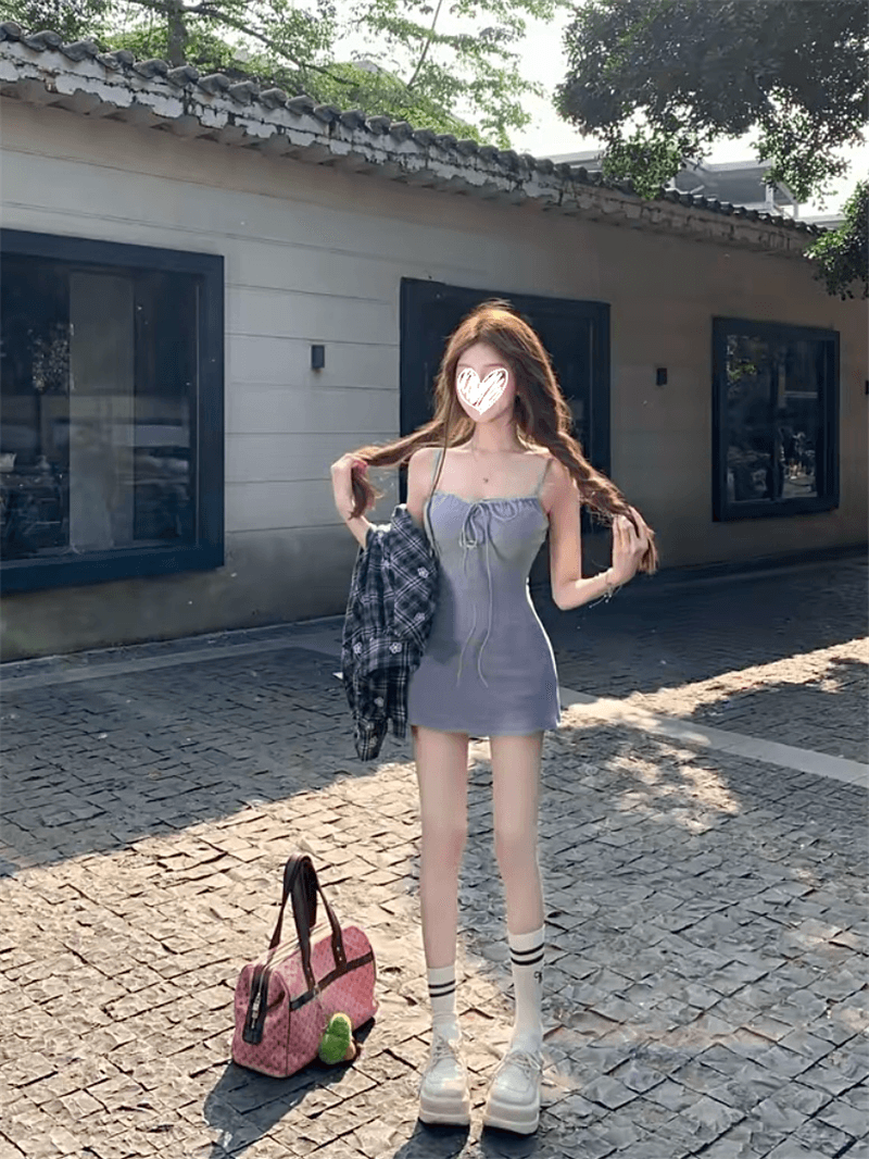 루이 茜 웨이 Sher S 느긋한 휴일 가을 ins 바람 느긋한 슬립 드레스 격자 무늬 셔츠 투피스 세트 상세 이미지 5