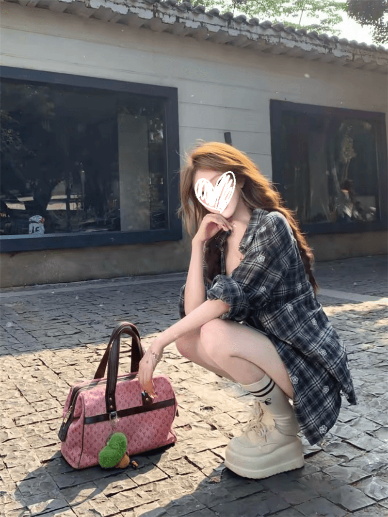 루이 茜 웨이 Sher S 느긋한 휴일 가을 ins 바람 느긋한 슬립 드레스 격자 무늬 셔츠 투피스 세트 상세 이미지 6