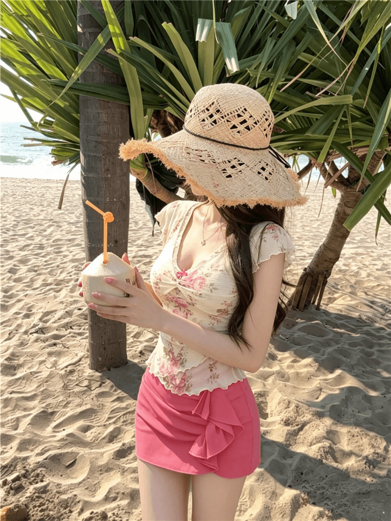 실사 정가 레이스 V넥 날다 소매 꽃무늬 반팔 여름 달콤함 핫걸 순수한 욕망 센스 핑크색 반 스커트 세트 상세 이미지 5