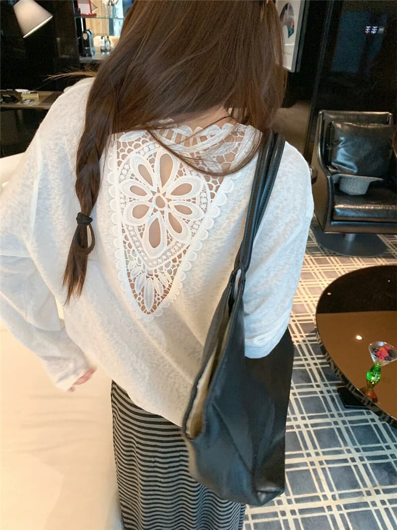 한 부서 뒤로 홀로우 아웃 루즈핏 자외선 차단 블라우스 긴팔 티셔츠 슬림해 보이는 느긋한 센스 스트라이프 롱 스커트 투피스 세트 세트 상세 이미지 2