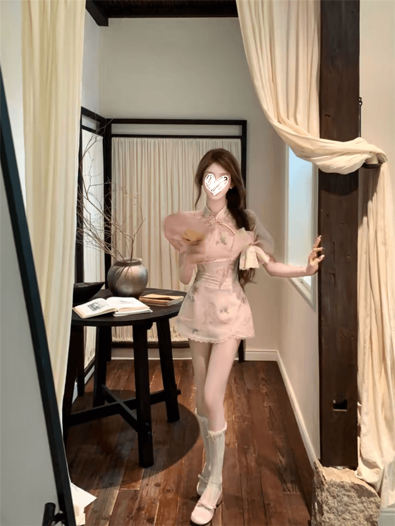 루이 茜 웨이 Sher S 고양이 포도 여름 국풍 새로운 중식 드레스 핑크색 디자인 센스 아름다움 치마 상세 이미지 3