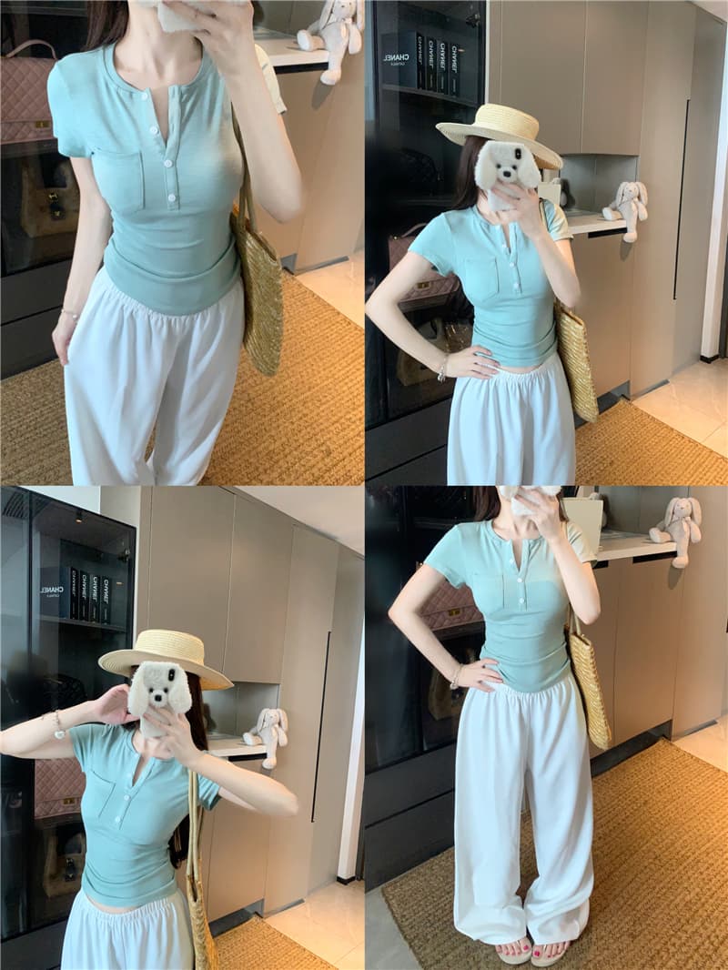 실사 정가 인력 한 조각 단추 헨리 칼라 반팔 티셔츠 여성 여름 한 부서 몸매 가꾸기 슬림해 보이는 캐주얼 맨위 상세 이미지 1