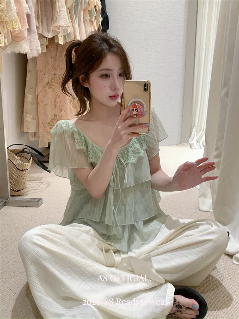 거즈 꿈 거울 레이스 휴일 노래 낭만주의 프릴 레이스 조각 작은 셔츠 상세 이미지 3