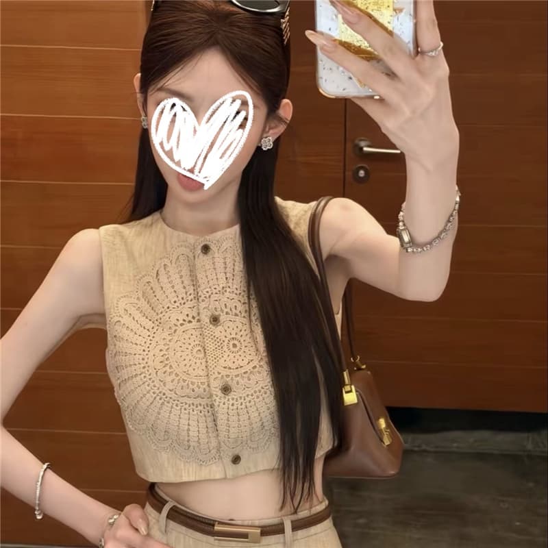 레트로 스타일 홀로우 아웃 레이스 자수 자수 맨위 비대칭 계단식 자르기 스타일 반 스커트 반바지 벨트 세트 상세 이미지 1