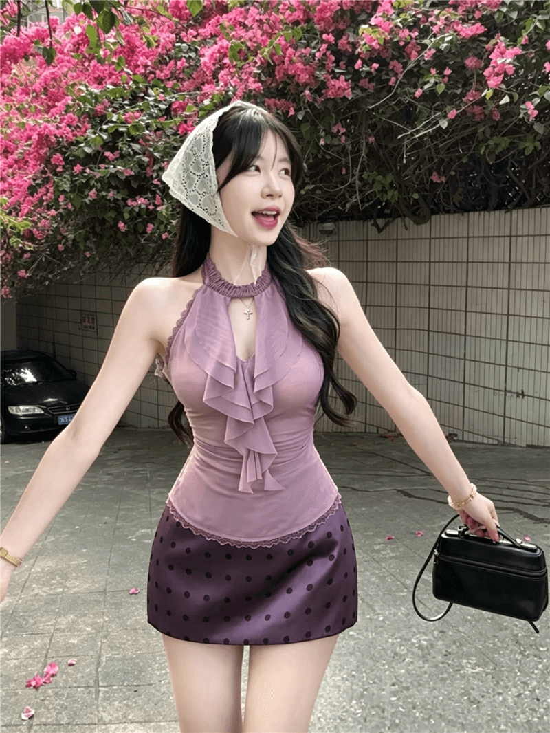 실사 정가 조용한 라임 연기 봄 행침 목 순수한 욕망 쉬폰 보라색 도트 무늬 섹시함 여름 타이트 스커트 세트 투피스 세트 이미지 2
