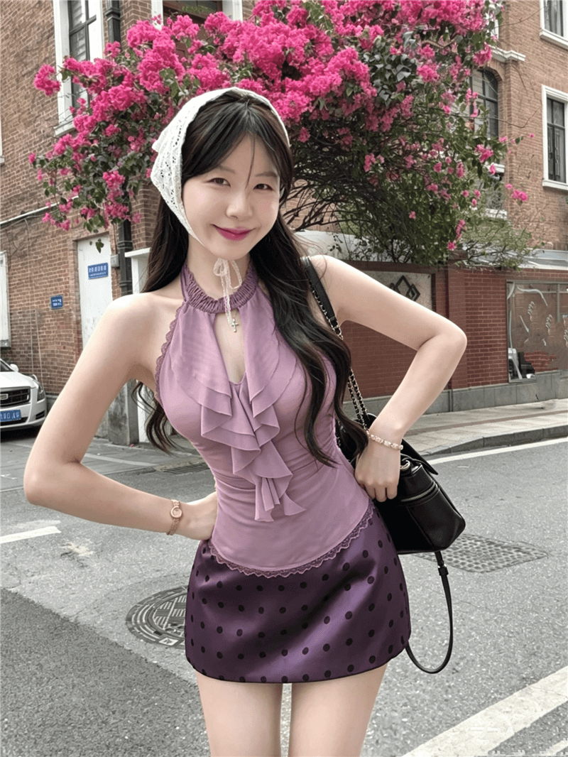 실사 정가 조용한 라임 연기 봄 행침 목 순수한 욕망 쉬폰 보라색 도트 무늬 섹시함 여름 타이트 스커트 세트 투피스 세트 상세 이미지 1