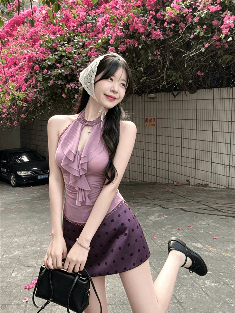 실사 정가 조용한 라임 연기 봄 행침 목 순수한 욕망 쉬폰 보라색 도트 무늬 섹시함 여름 타이트 스커트 세트 투피스 세트 상세 이미지 2