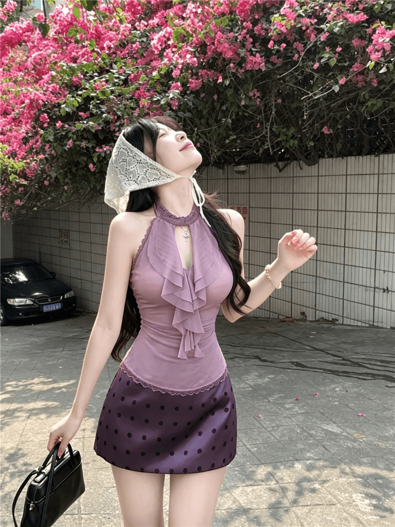 실사 정가 조용한 라임 연기 봄 행침 목 순수한 욕망 쉬폰 보라색 도트 무늬 섹시함 여름 타이트 스커트 세트 투피스 세트 상세 이미지 5
