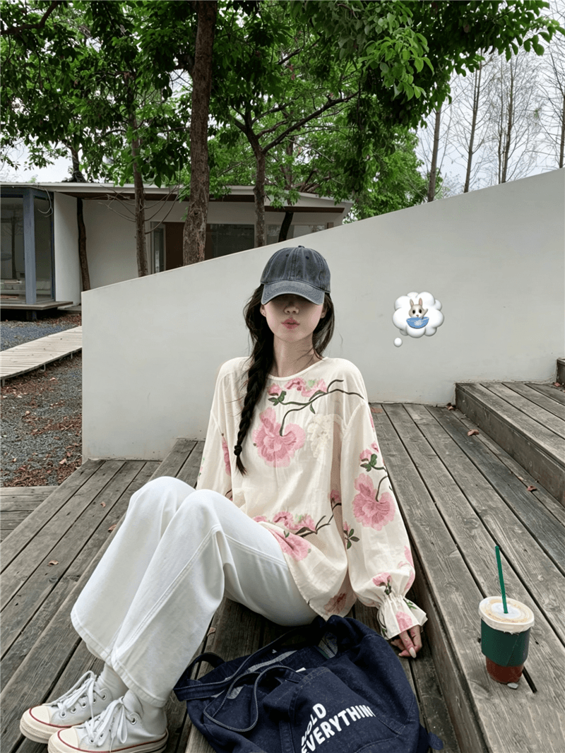 실사 정가 한 부서 느슨함 센스 3 차원 자수 꽃 벌룬 소매 자외선 차단 셔츠 레트로 얇은 스타일 맨위