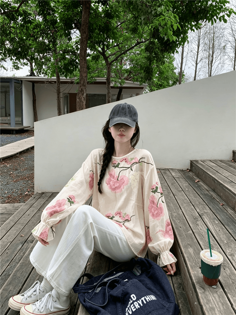 실사 정가 한 부서 느슨함 센스 3 차원 자수 꽃 벌룬 소매 자외선 차단 셔츠 레트로 얇은 스타일 맨위 상세 이미지 9