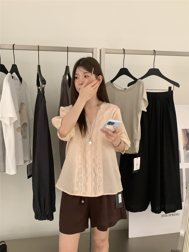 한 한 레이스 자카드 라미 반팔 작은 셔츠 여름 필수 싱글 제품 상세 이미지 7