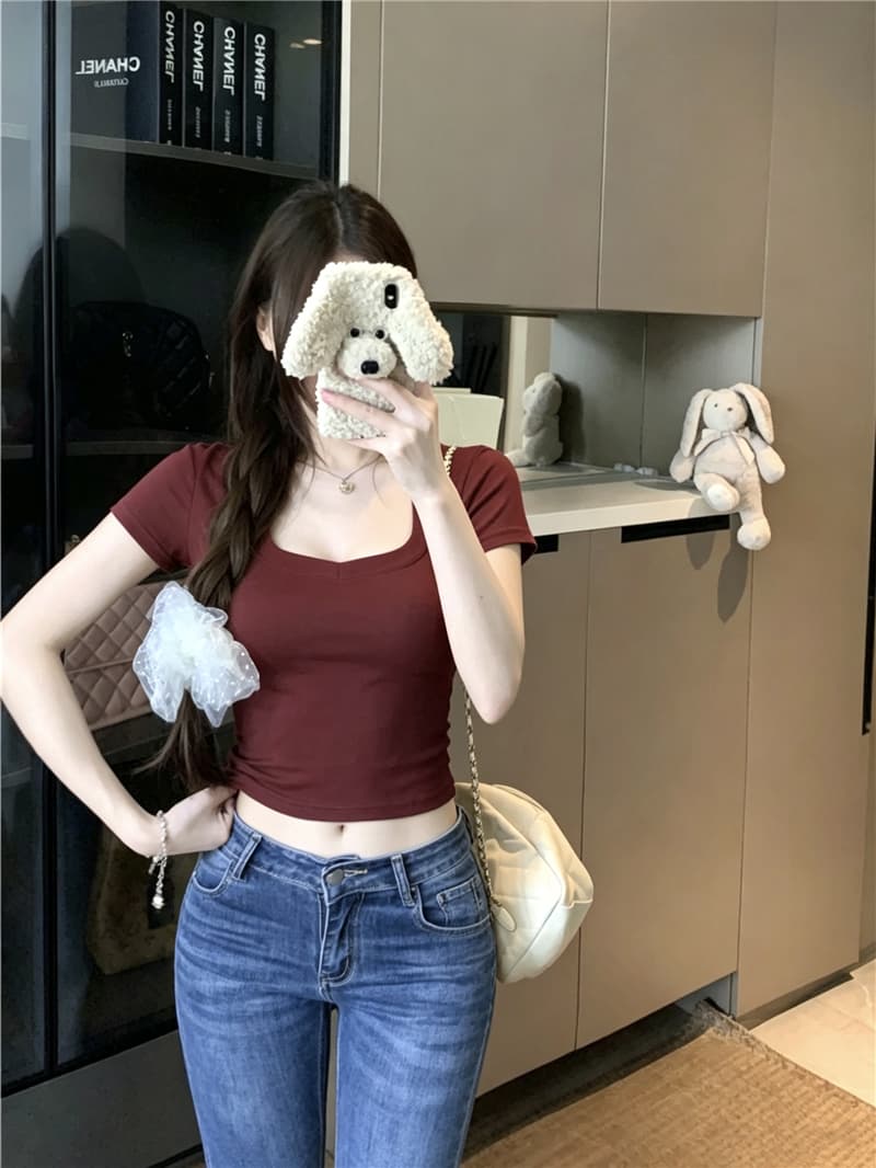 실사 정가 만화 몸 V넥 높음 폭탄 쇼트 스타일 순수한 욕망 티셔츠 여성 여름 허리 수축 기초 섹션 맨위 상세 이미지 5