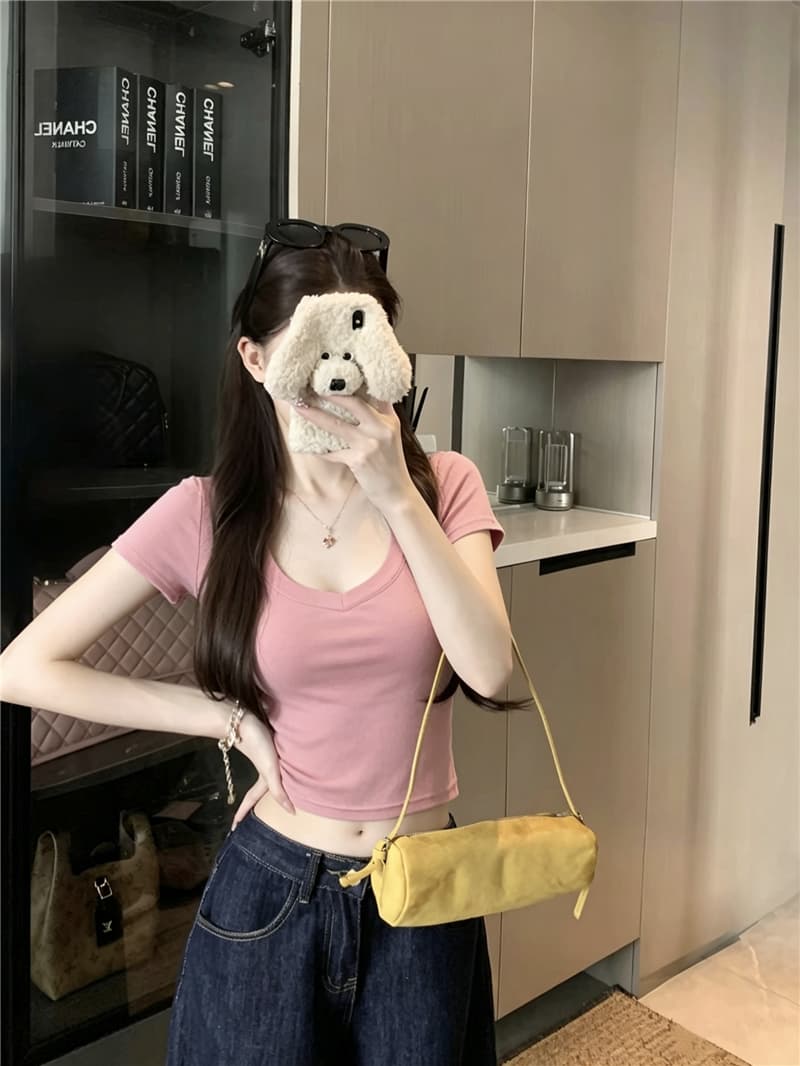 실사 정가 만화 몸 V넥 높음 폭탄 쇼트 스타일 순수한 욕망 티셔츠 여성 여름 허리 수축 기초 섹션 맨위 상세 이미지 6