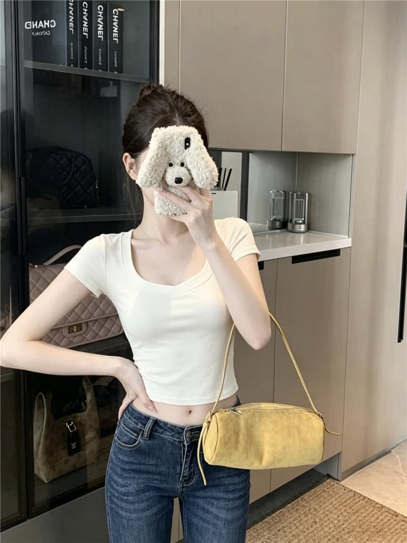실사 정가 만화 몸 V넥 높음 폭탄 쇼트 스타일 순수한 욕망 티셔츠 여성 여름 허리 수축 기초 섹션 맨위 상세 이미지 19