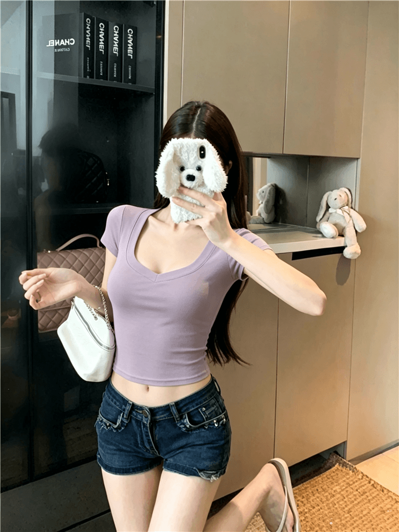 실사 정가 만화 몸 V넥 높음 폭탄 쇼트 스타일 순수한 욕망 티셔츠 여성 여름 허리 수축 기초 섹션 맨위 이미지 2