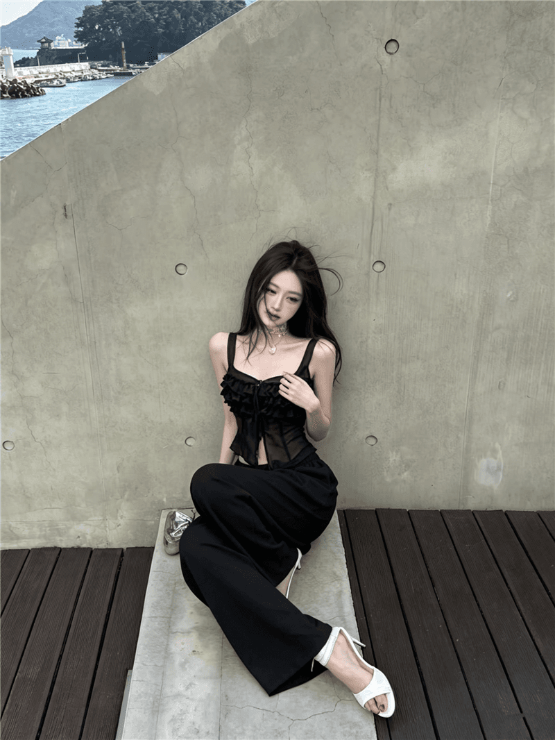 실사 정가 레이스 여름 프랑스식 섹시함 순수한 욕망 핫걸 홀로우 아웃 슬립 맨위 루즈핏 와이드 레그 팬츠 투피스 세트 상세 이미지 12