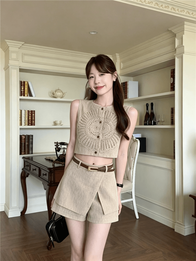실사 정가 홀로우 아웃 레이스 자수 자수 맨위 비대칭 계단식 반 스커트 반바지 벨트 포함 세트 상세 이미지 4