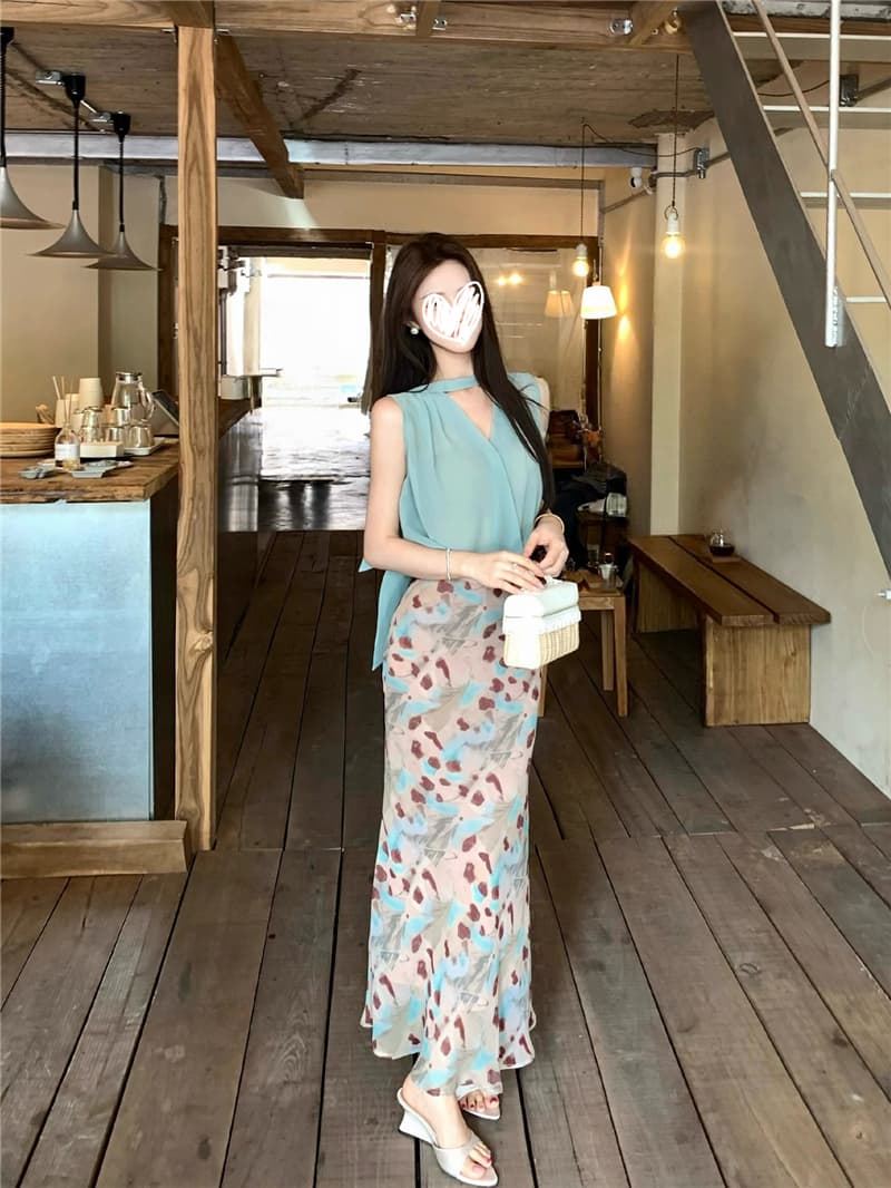 임신 한 비 연애 편지 박하 행침 목 민소매 맨위 헤일로 염색 반신 스커트 부드러운 품격 세트 투피스 세트 이미지 4