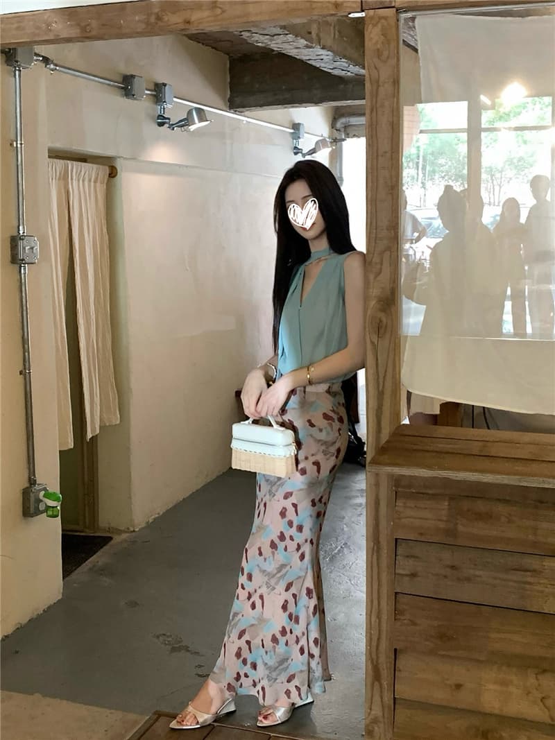 임신 한 비 연애 편지 박하 행침 목 민소매 맨위 헤일로 염색 반신 스커트 부드러운 품격 세트 투피스 세트 상세 이미지 7