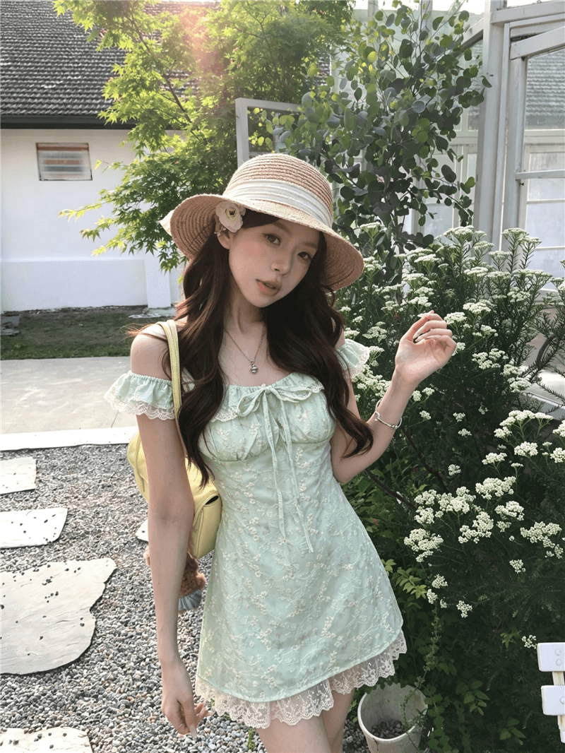 실사 정가 여름 달콤함 박하 녹색 작은 날다 소매 허리 수축 퍼프 슬립 꽃무늬 오프숄더 여성 드레스 상세 이미지 1