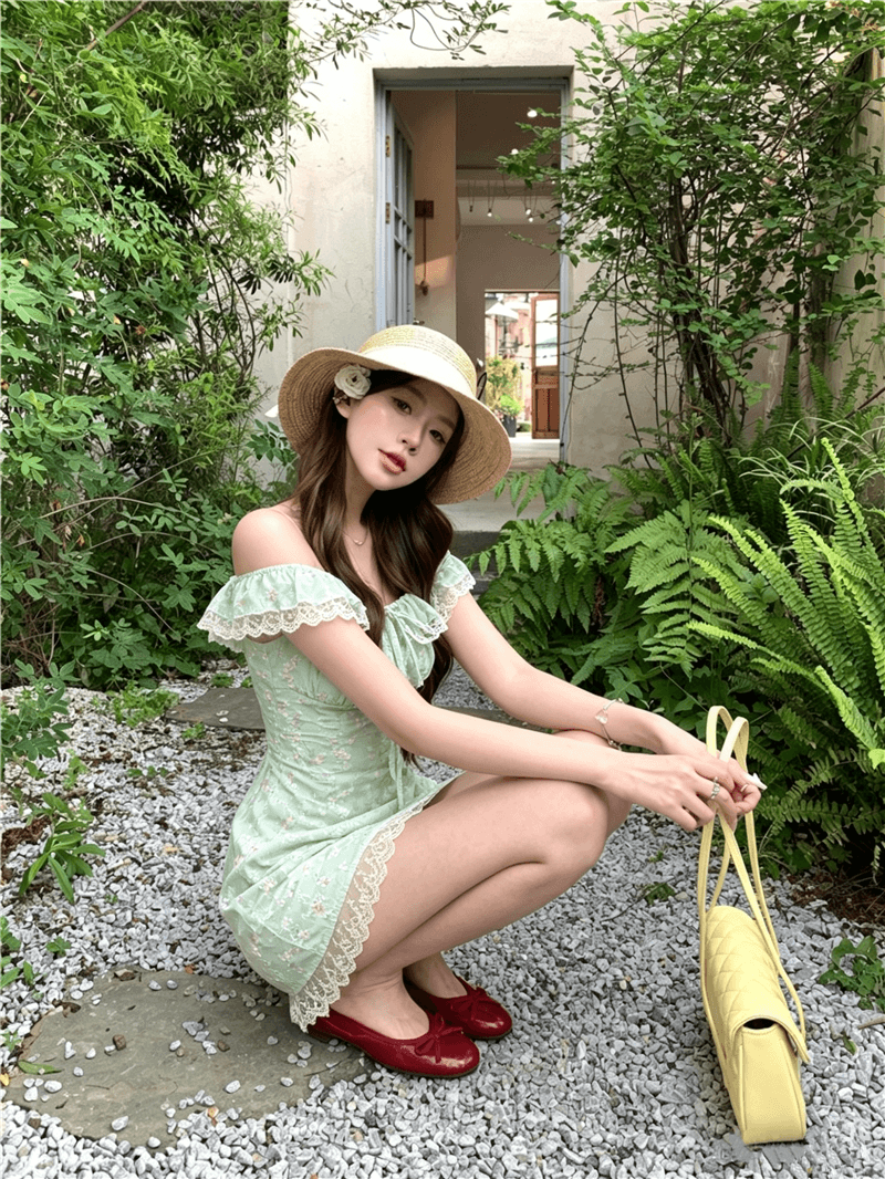 실사 정가 여름 달콤함 박하 녹색 작은 날다 소매 허리 수축 퍼프 슬립 꽃무늬 오프숄더 여성 드레스 상세 이미지 3