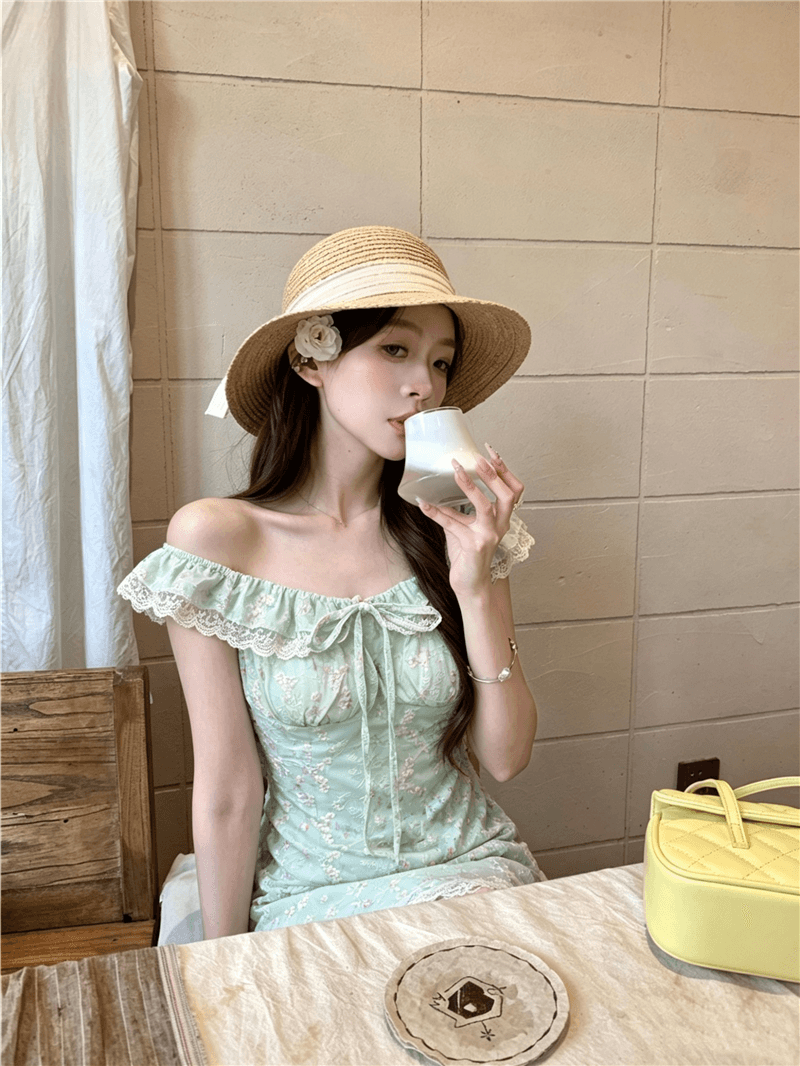 실사 정가 여름 달콤함 박하 녹색 작은 날다 소매 허리 수축 퍼프 슬립 꽃무늬 오프숄더 여성 드레스 상세 이미지 10