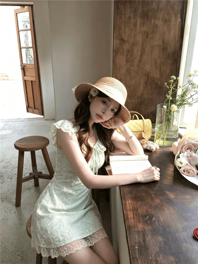 실사 정가 여름 달콤함 박하 녹색 작은 날다 소매 허리 수축 퍼프 슬립 꽃무늬 오프숄더 여성 드레스 상세 이미지 12