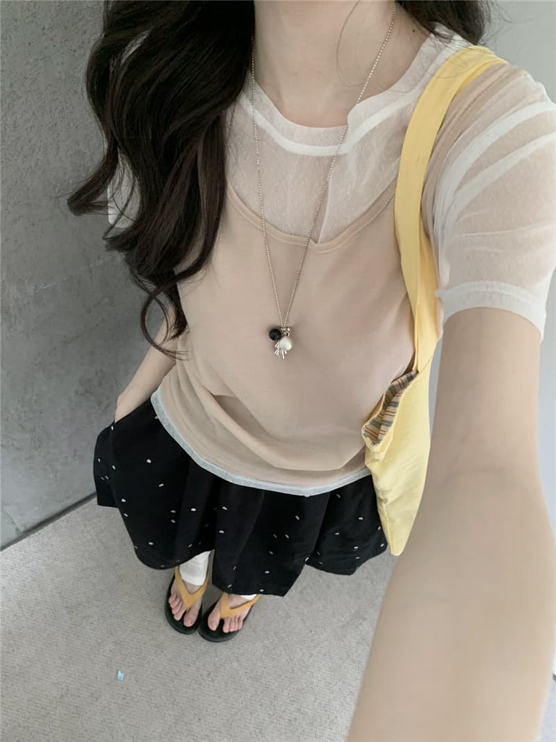 여름 켜기 새로운 한 부서 디자인 센스 페이크 레이어드 라운드 넥 망사 시스루 측면 펌프 Pleat 캐미솔 반팔 작은 셔츠 이미지 2